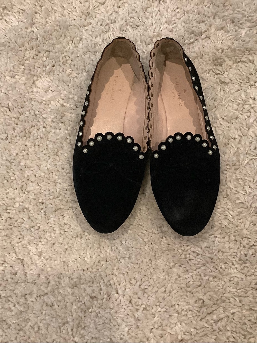 kate spade Black Suede Scalloped Pearl-Trim Loafers